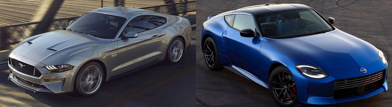 Ford Mustang GT and Nissan Z rear three-quarter view on a coastal road