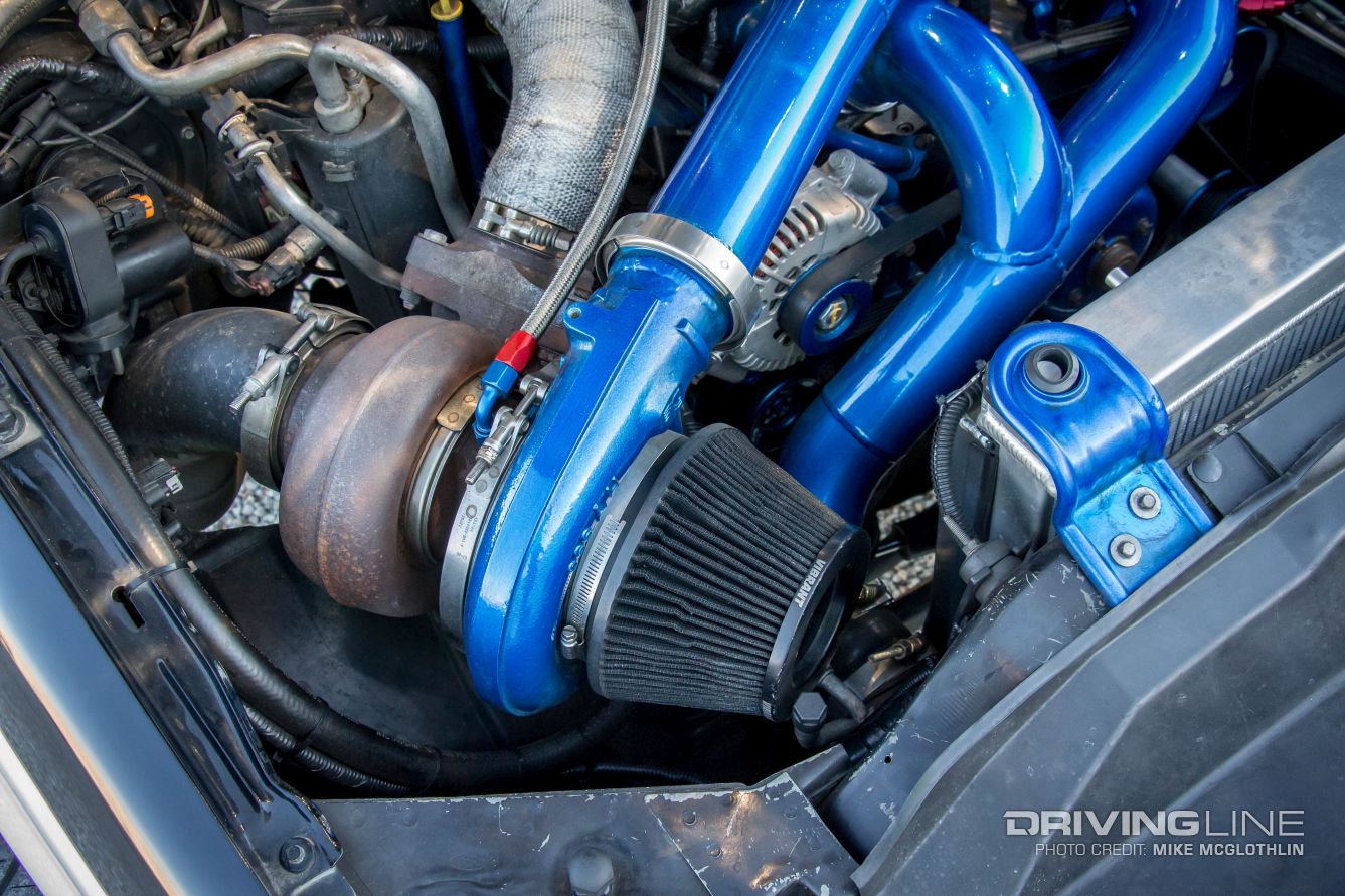 Blue BorgWarner turbo in engine bay