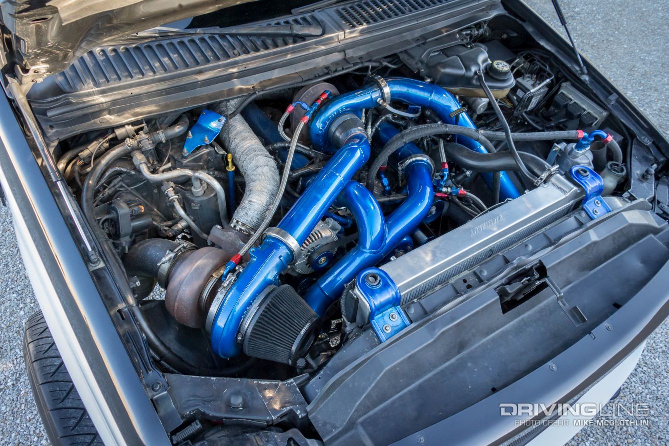 6.0L Power Stroke engine with blue pipes