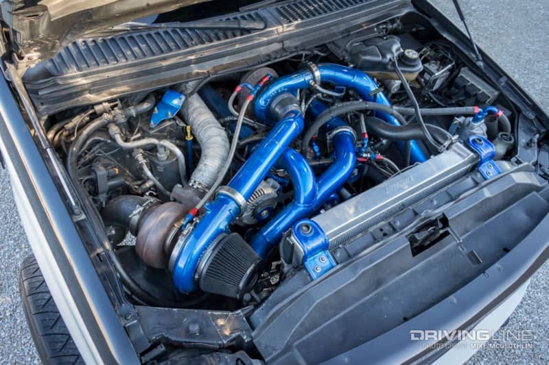 6.0L Power Stroke engine with blue pipes