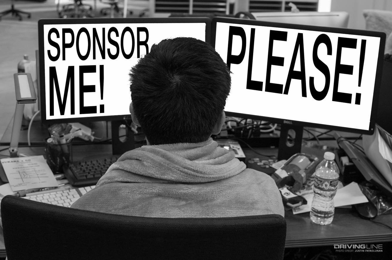 Man in front of monitors saying "Sponsor Me! Please!"