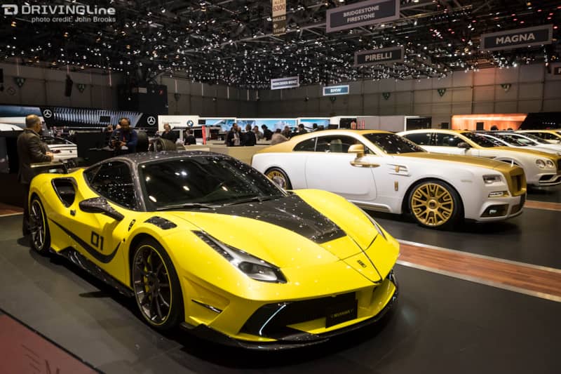 Mansory's take on a Ferrari F488, yellow 4XX Siracusa performance car at 2016 Geneva international Motor Show