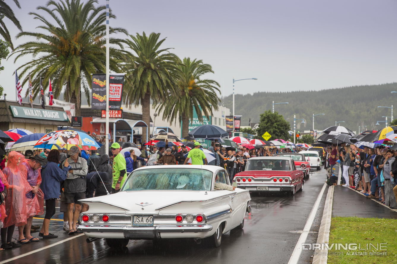 crowded, rainy streets at the 2016 Repco Beach Hop