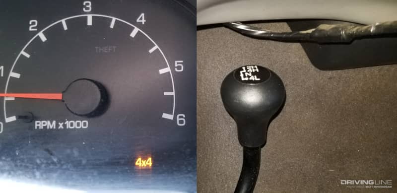 4x4 indicator on the dashboard and transfer case shifter