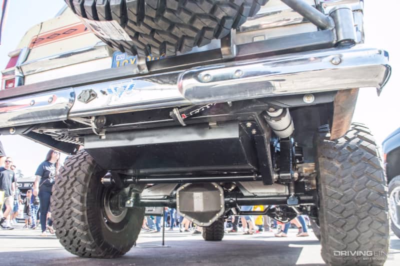The 1969 Wagoneer's rear cantilever suspension with Fox coilovers