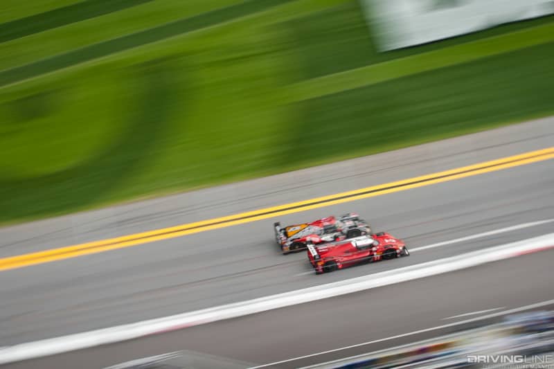 Mazda Team Joest pits at Rolex 24 Hours of Daytona RT24-P racing overhead pan front straight
