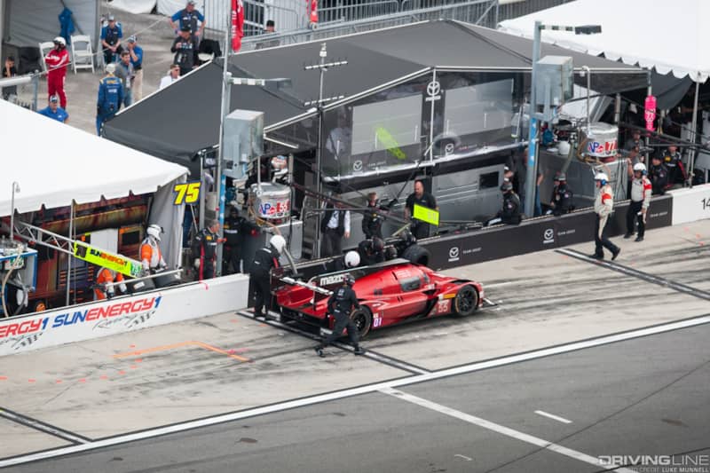 Mazda Team Joest pits at Rolex 24 Hours of Daytona RT24-P wheel fell off pits