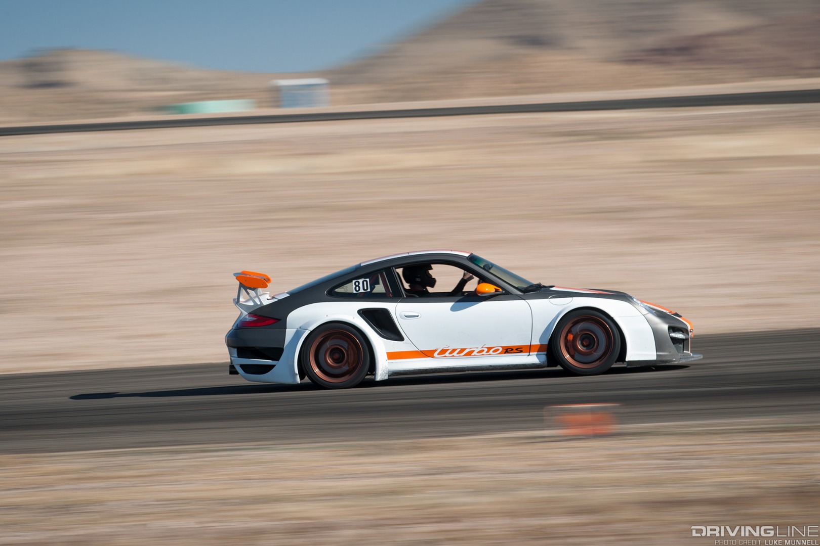 eXtreme SPEED Track Events Streets of Willow Springs white orange livery Porsche 911 Turbo side profile pan blur