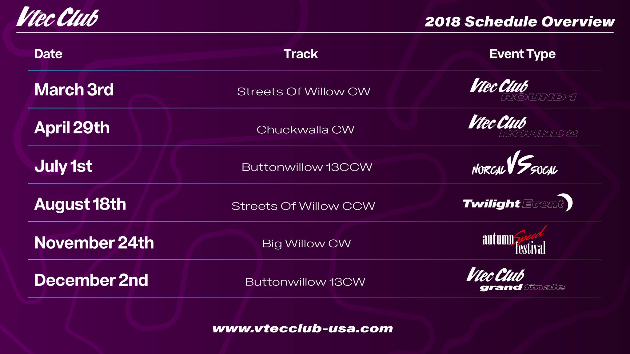 2018 VTEC Club USA season schedule