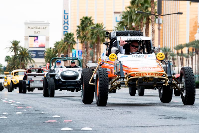 The vehicle parade down Las Vegas Blvd