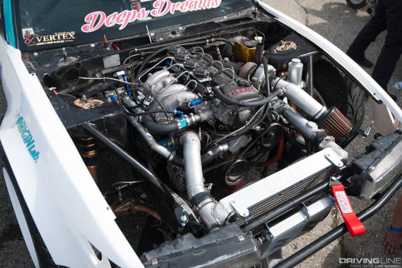 Top Drift round 1 SoCal pro-am drifting Shaun Doom white S13 Nissan 240SX fastback KA24DE turbo engine bay