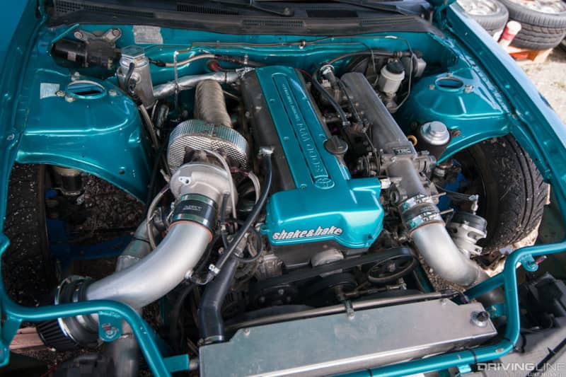 Top Drift round 1 SoCal pro-am drifting Meliton Villamor S14 Nissan 240SX Toyota 2JZ-GTE engine bay