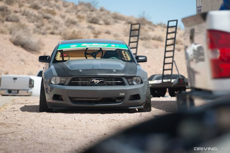 Top Drift round 1 SoCal pro-am drifting John Mason gray Ford Mustang GT drift car front parked