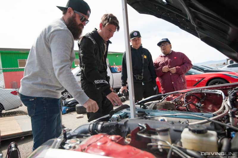 Top Drift round 1 SoCal pro-am drifting TJ Hunt Hunt & Co white Z33 Nissan 350Z Toyota 2JZGTE engine bay