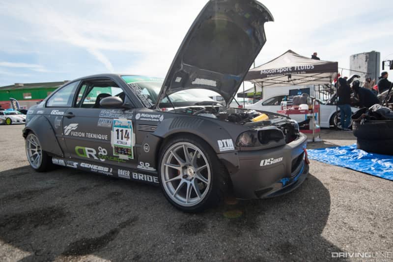 Top Drift round 1 SoCal pro-am drifting Andrew Attalla silver gray E46 BMW M3 front parked
