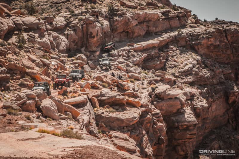 A line of Jeeps heading down Cliffhanger