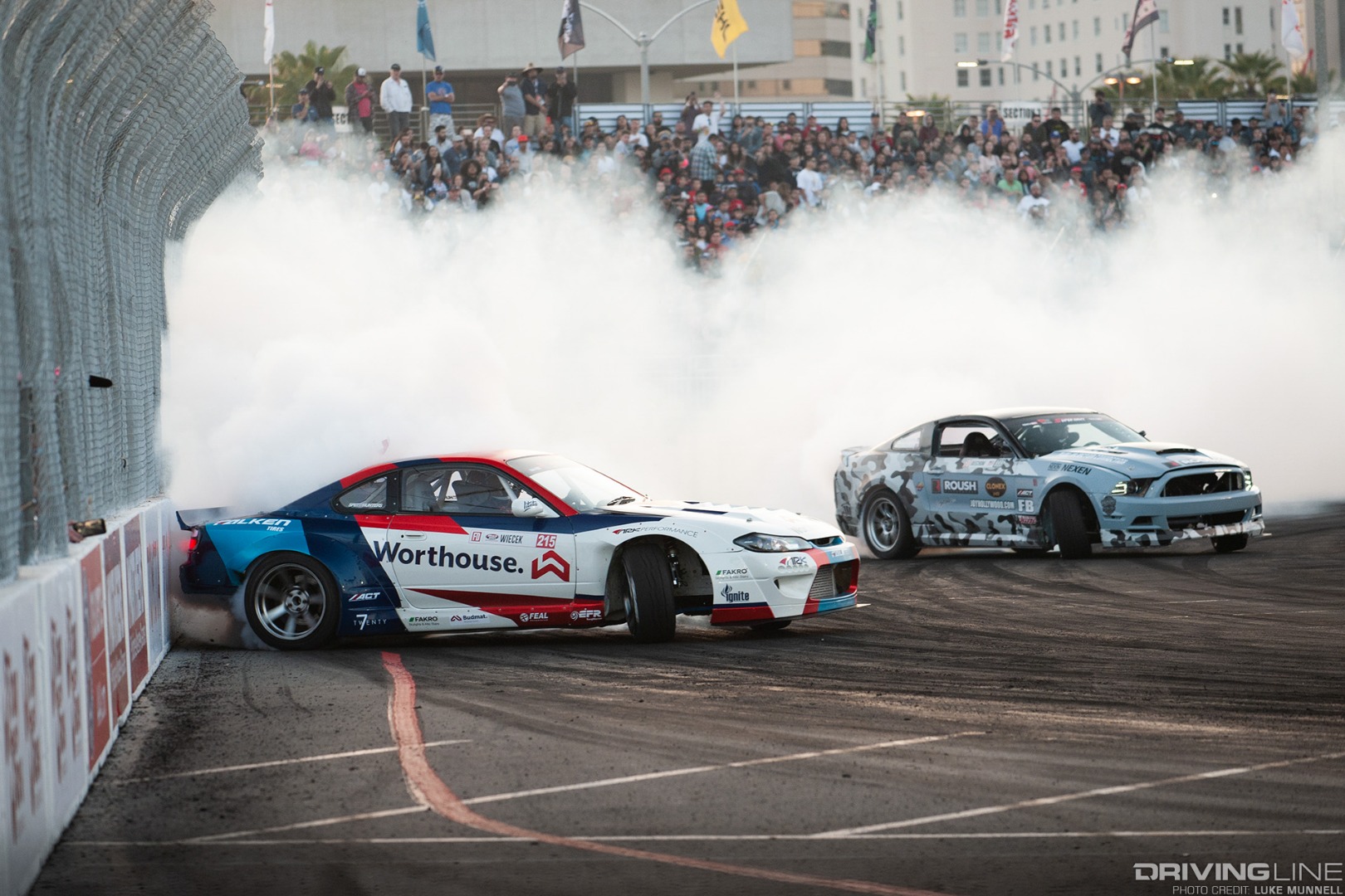 Formula D Grand Prix of Long Beach Super Drift - Piotr Wiecek S15 Nissan Silvia Trent Beechum Ford Mustang GT