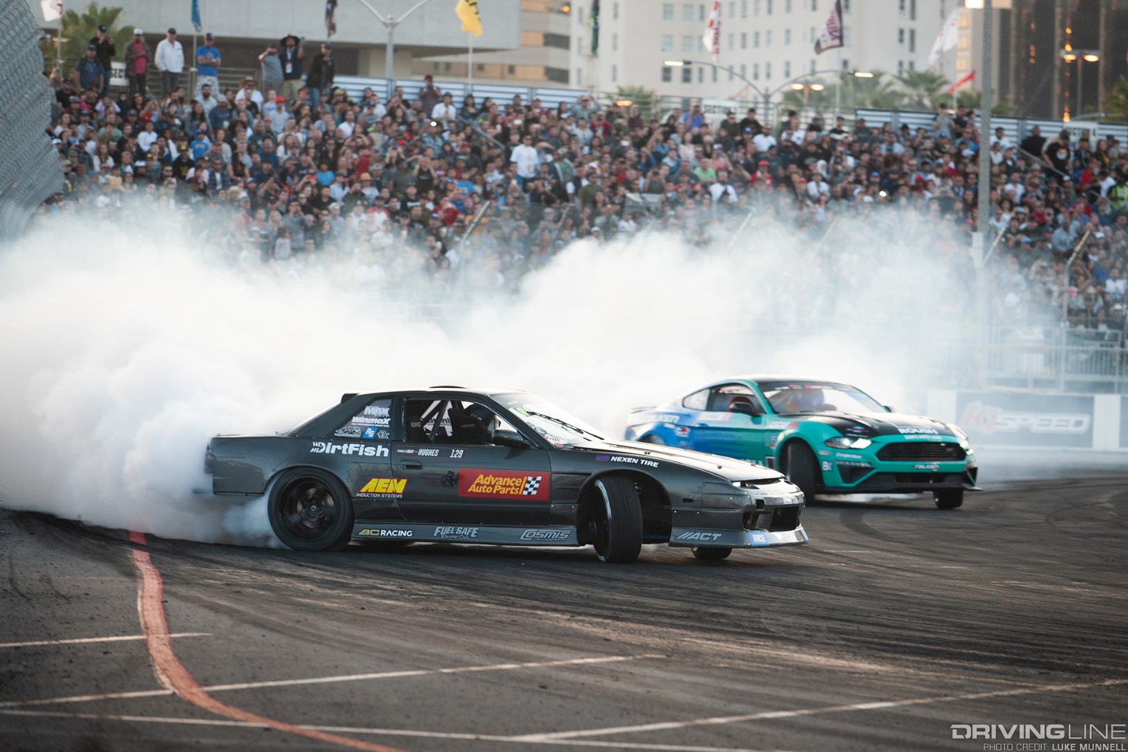 Formula D Grand Prix of Long Beach Super Drift - Dylan Hughes S13 Nissan 240SX coupe drifting Justin JTP Pawlak Ford Mustang GT