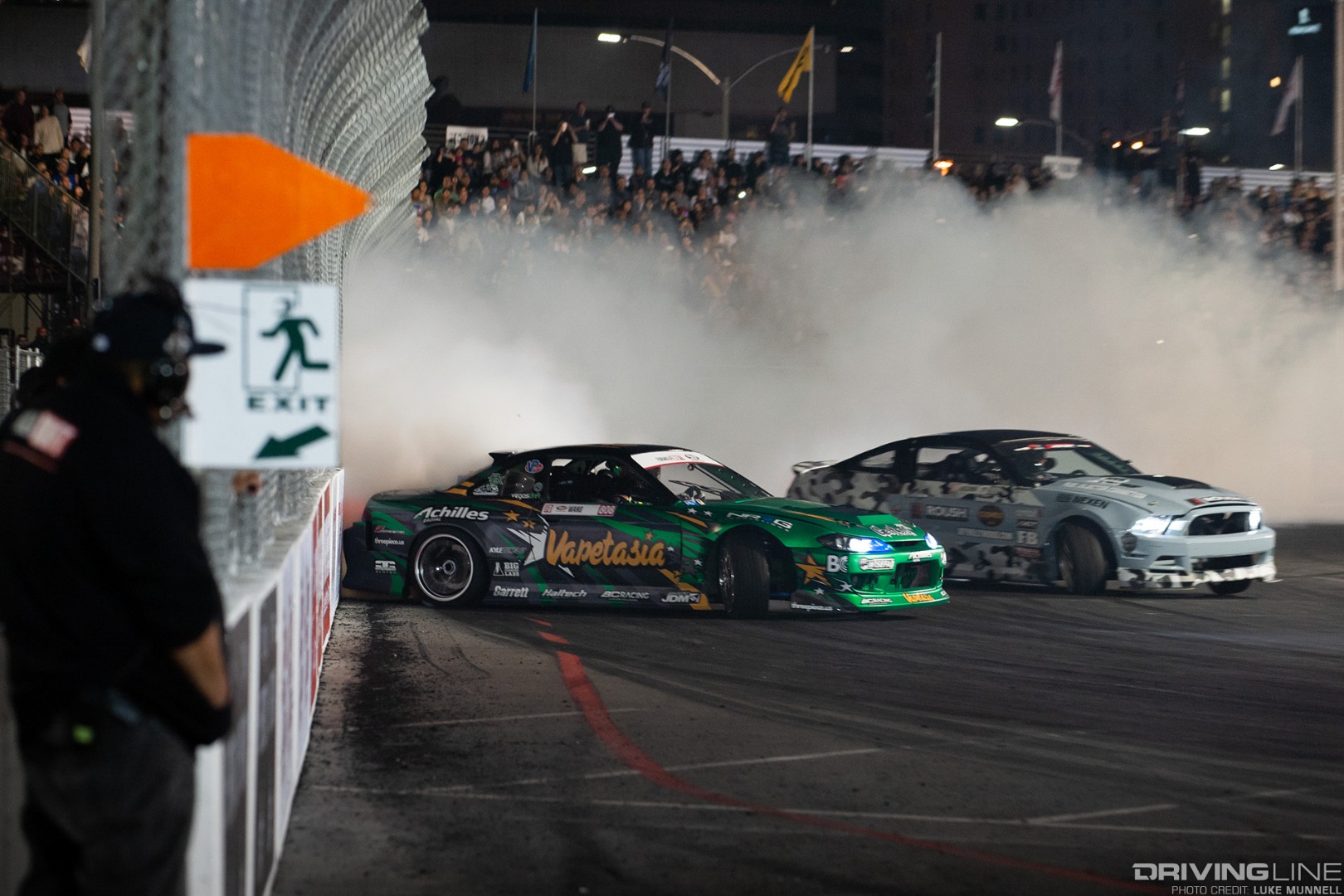 Formula D Grand Prix of Long Beach Super Drift - Forrest Wang S14 Nissan 240SX Trent Beechum Ford Mustang GT tandem drift