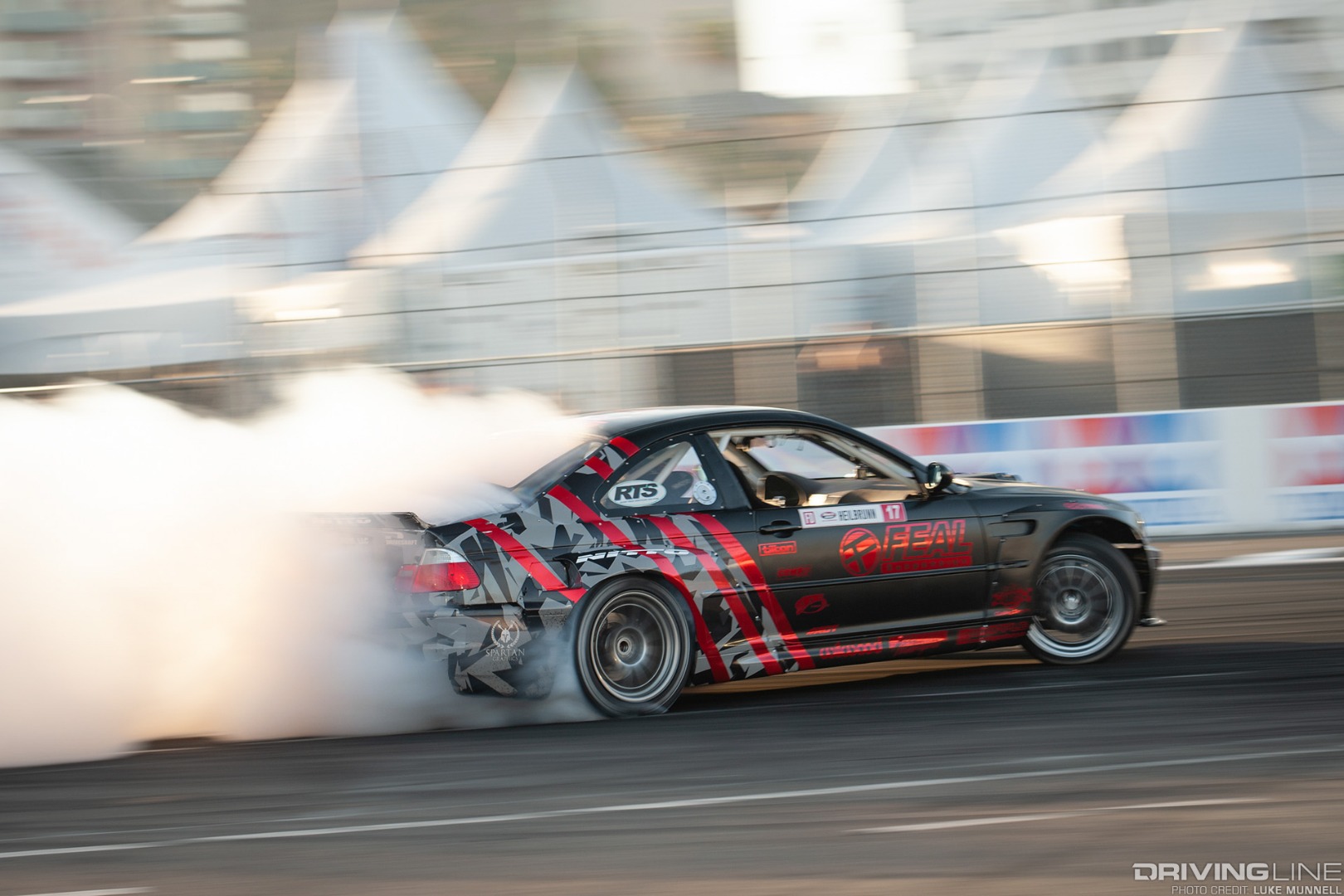 Formula D Grand Prix of Long Beach Super Drift - Alex Heilbrunn E46 BMW M3 drifting rear pan blur