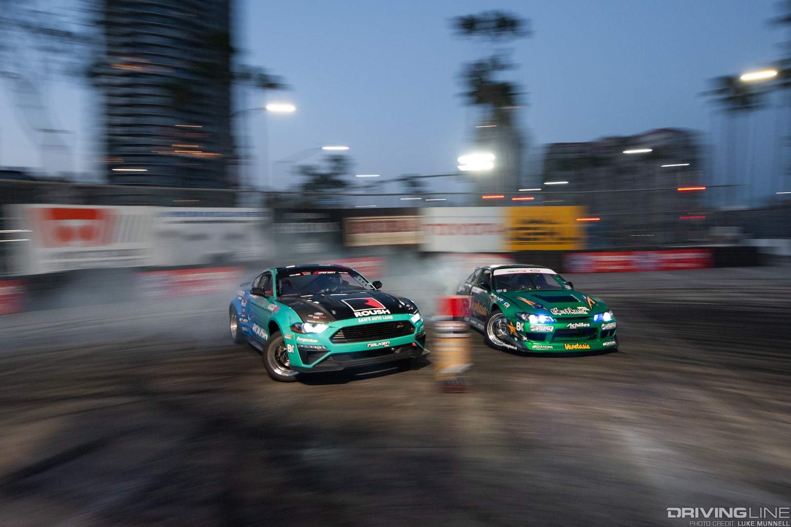Formula D Grand Prix of Long Beach Super Drift - Justin JTP Pawlak Ford Mustang GT v Forrest Wang S14 Nissan 240SX tandem battle