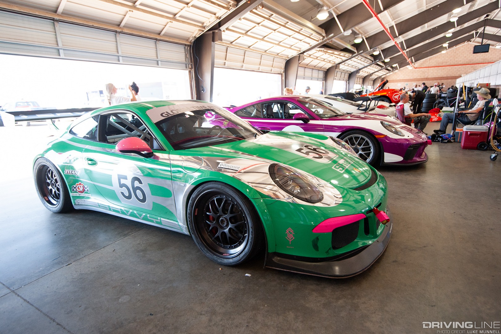 PCA California Festival of Speed at Auto Club Speedway Adam Knapik no. 56 Savvy Racing 911 GT3 Cup in pit garage