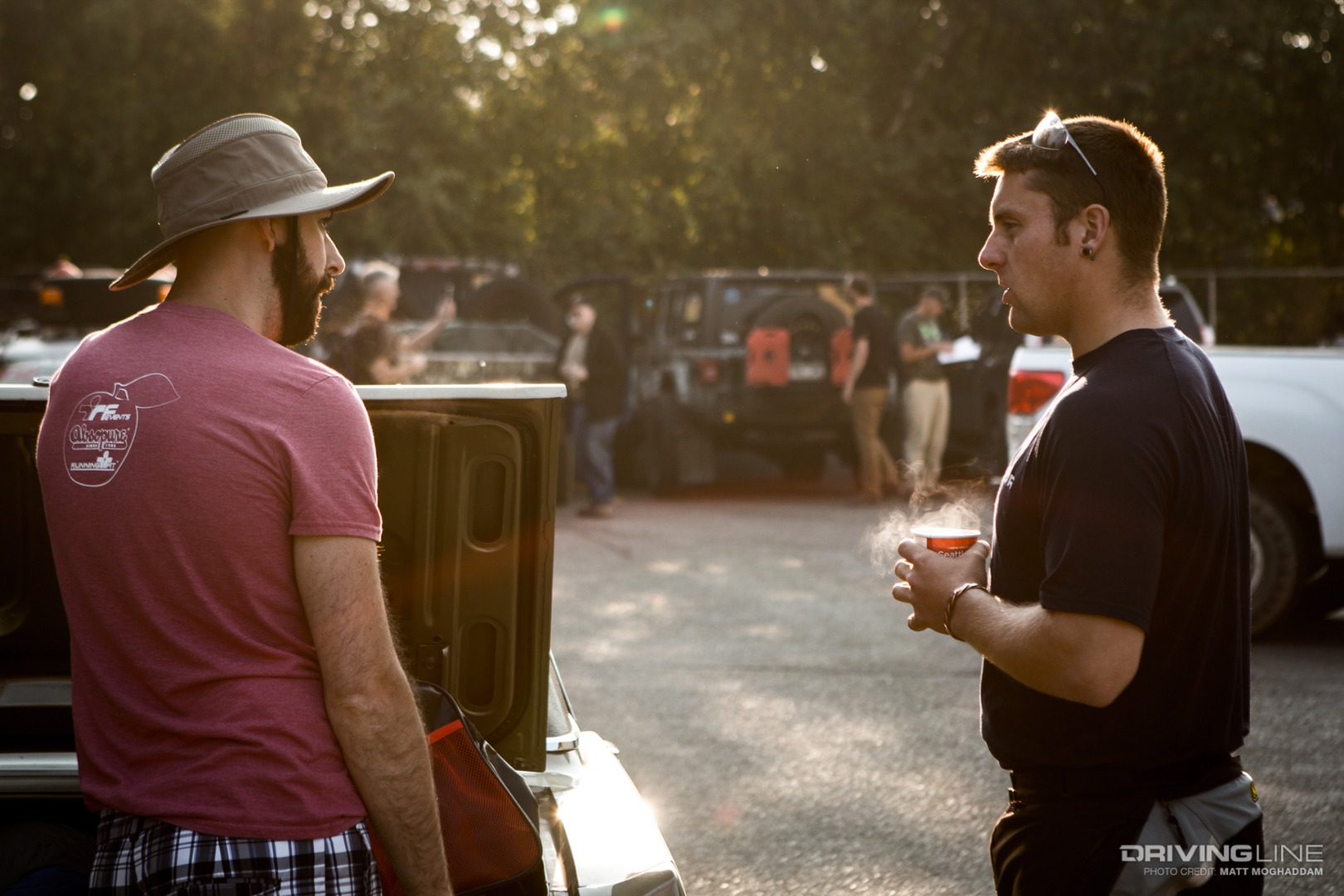 Competitors swapping stories outside the hotel