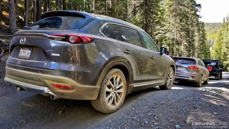 CX-9 and Sorento on wooded trails