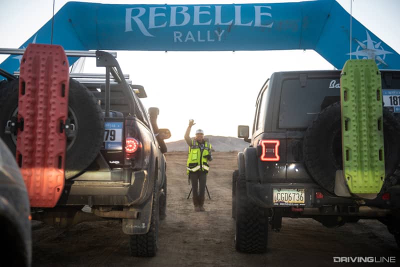 Team Free Range Dames' Toyota Tacoma and Jeep at Rebelle Rally start line