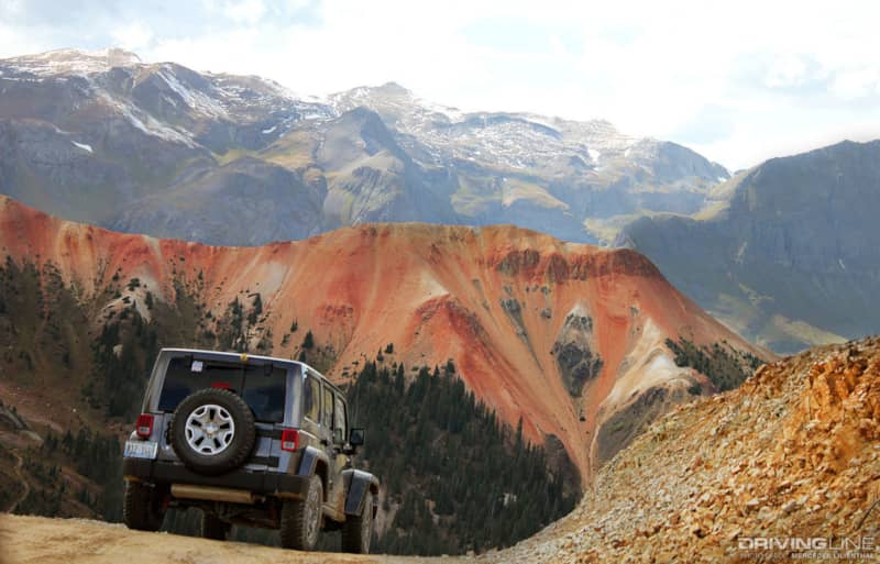 Jeep descending steep area near Corkscrew Pass