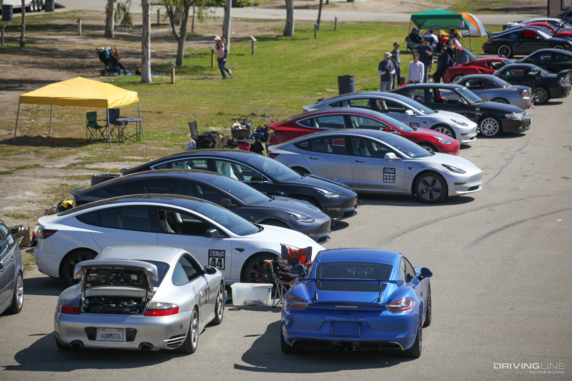 Teslas and Porsches at Tesla Corsa Buttonwillow Raceway