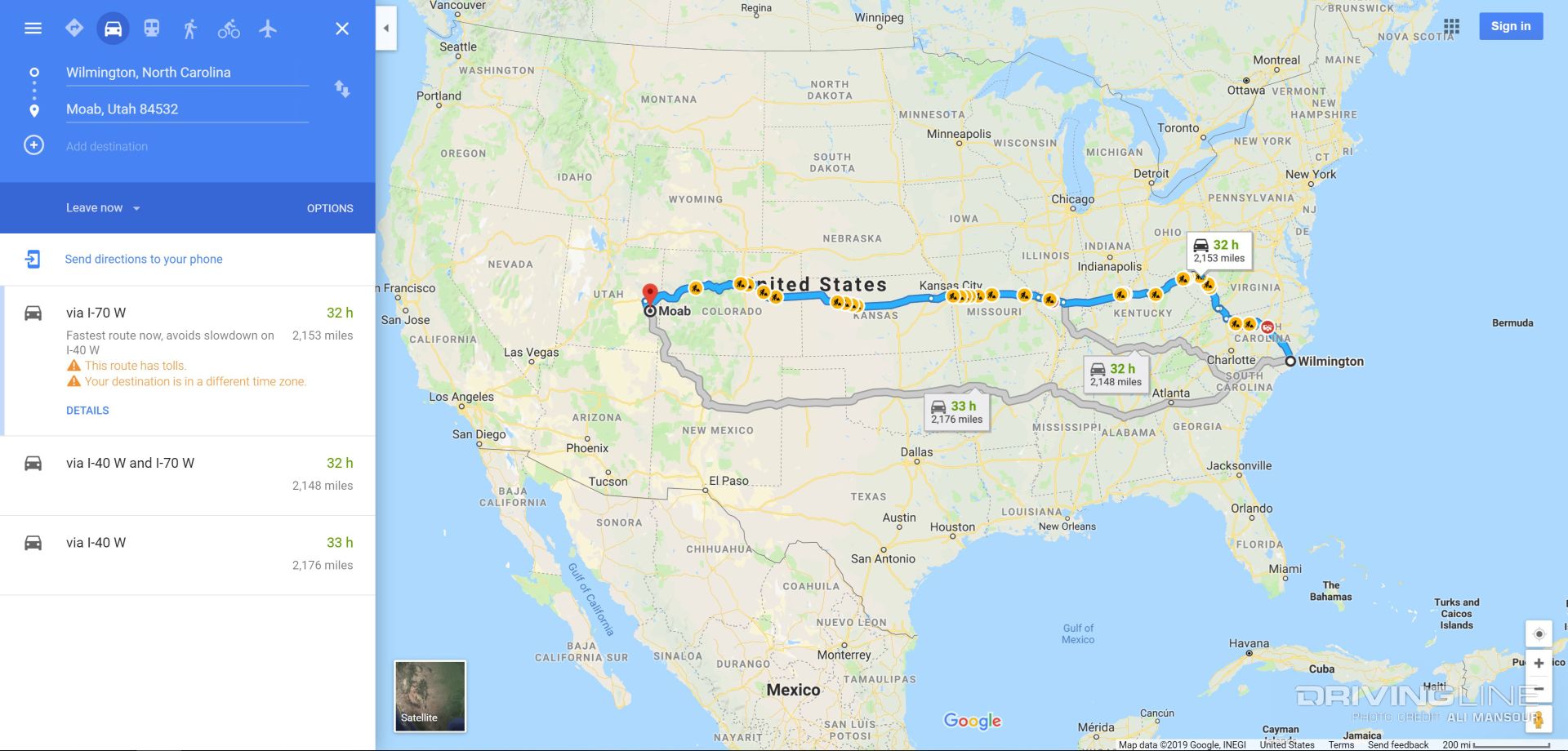 Map of Driver from Wilmington, North Carolina to Moab, Utah