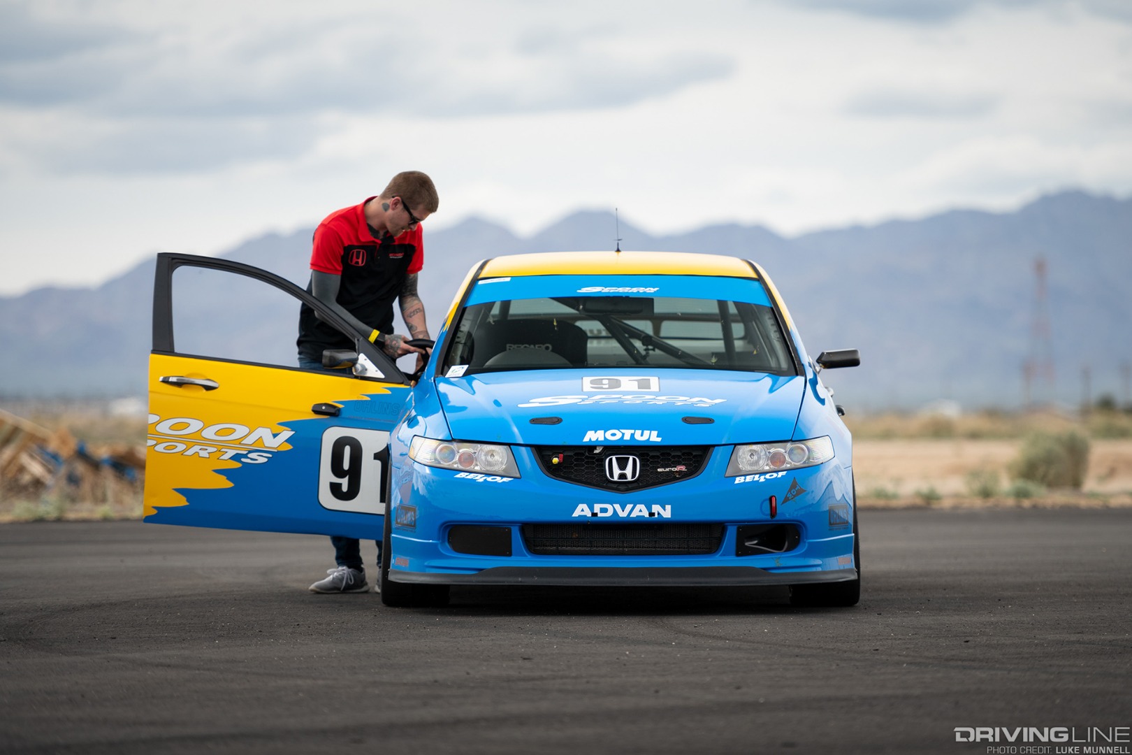 Spoon Sports Honda Accord Euro R dead front with owner Will Drees looking inside