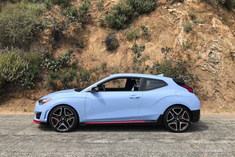 Side of a Hyundai Veloster N on a Canyon Road