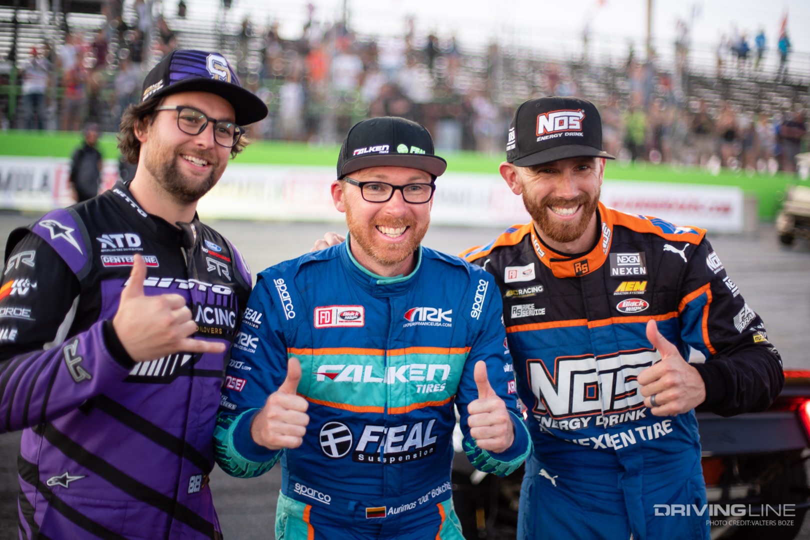 Chelsea Denofa (Left) took 3rd place behind Odi Bakchis (Center) and Chris Forsberg (right) at Formula Drift Orlando