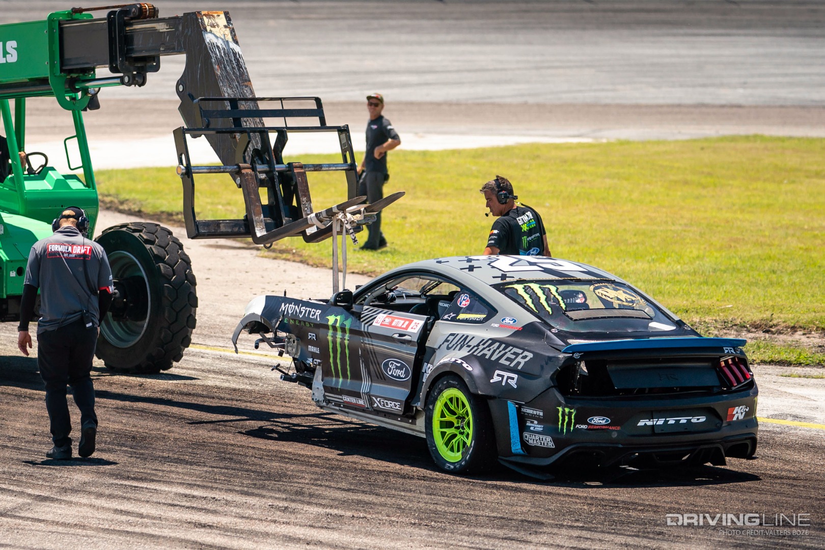 Vaughn Gittin Jr. would be towed off course by a forklift after a major crash in practice at Formula Drift Orlando
