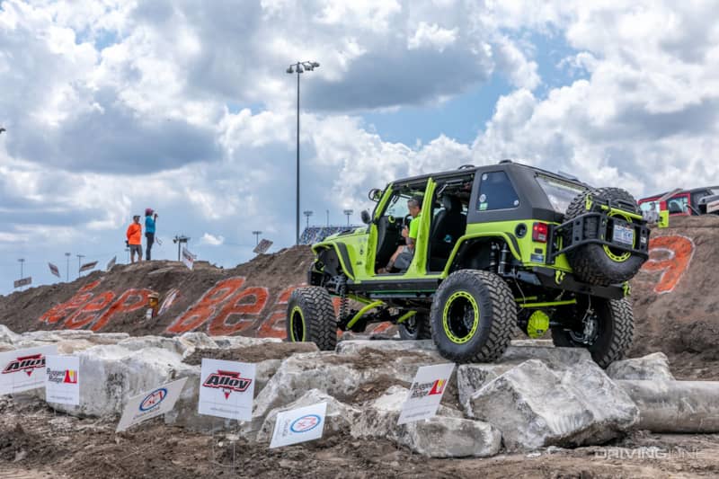 Jeep Going Over Obstacles in the Daytona Speedway Infield at Jeep Beach