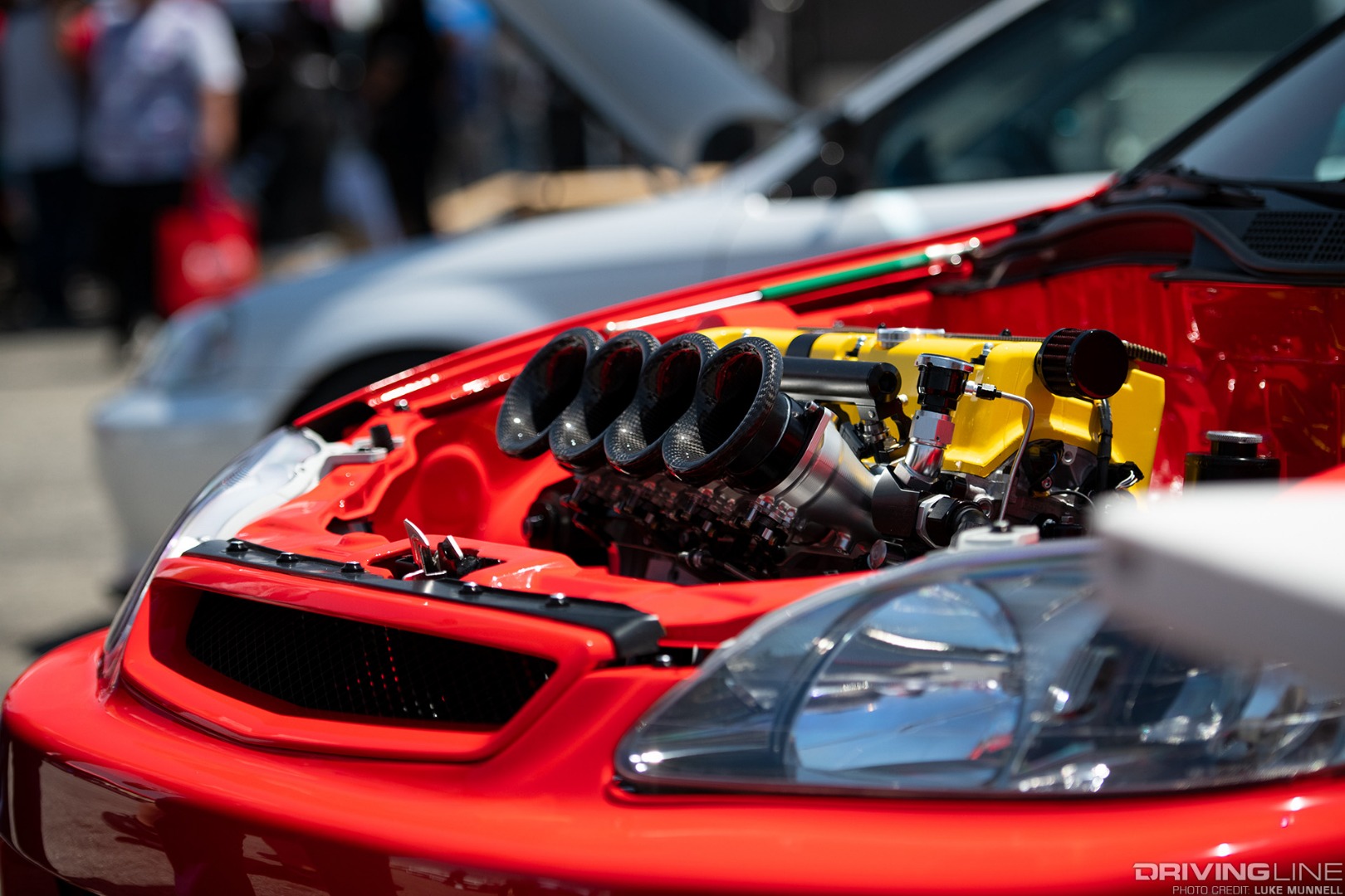 Eibach Honda Meet and Drags at Fontana K-series ITB sticking up from EK Civic engine bay