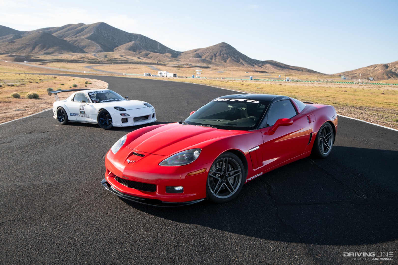 Mazda FD RX-7 and Chevy Corvette C6 Grand Sport Parked on the Track at Driver Battles