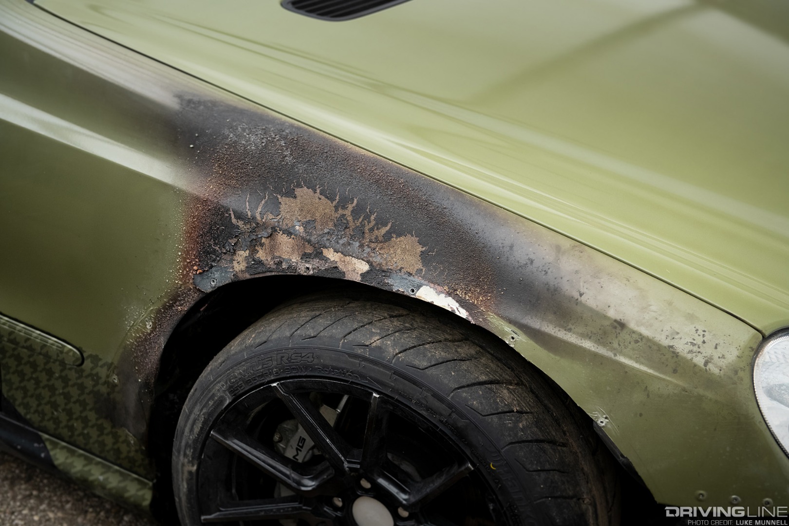 Gridlife Midwest Festival - FCP Euro green E55 AMG drift car burnt fender