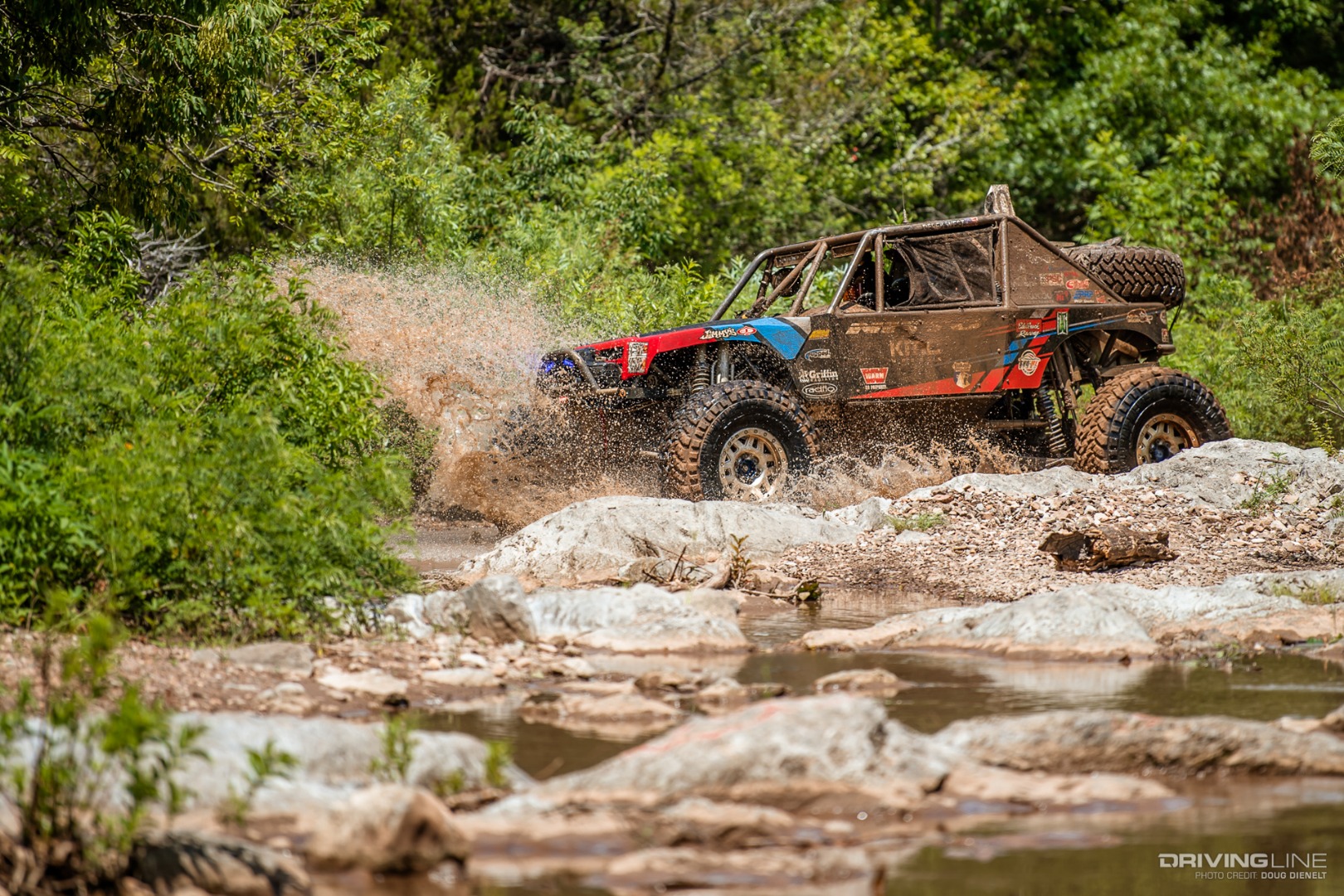 Derek West racing through a river