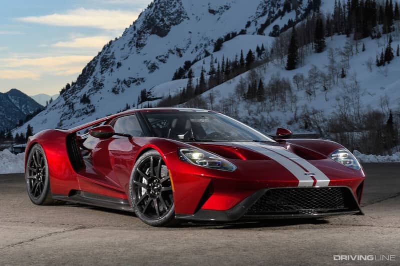 Red Ford GT with white racing stripes
