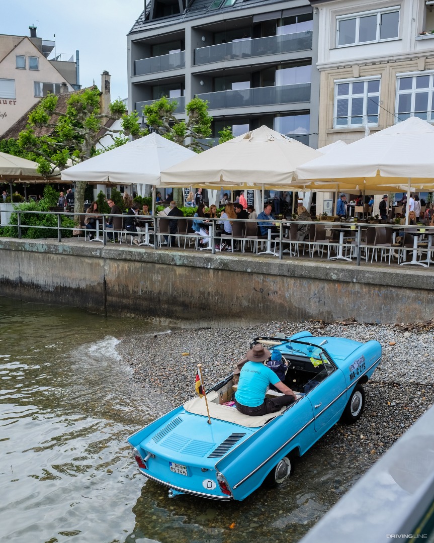 Amphicar driving out of the water and onto land