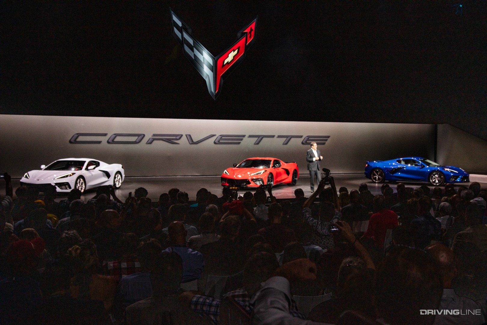 Three 2020 Chevrolet Corvette Stingrays in white, red and blue