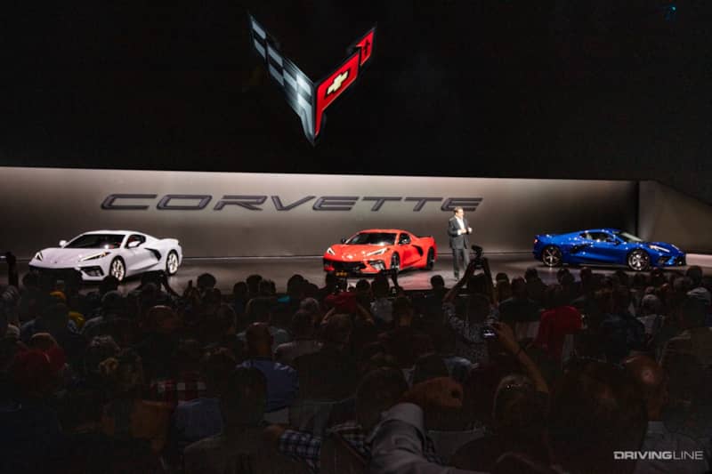 Three 2020 Chevrolet Corvette Stingrays in white, red and blue