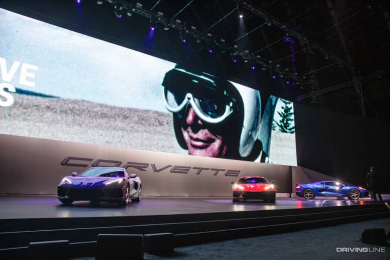 Three 2020 Chevrolet Corvette Stingrays two painted blue and one painted red