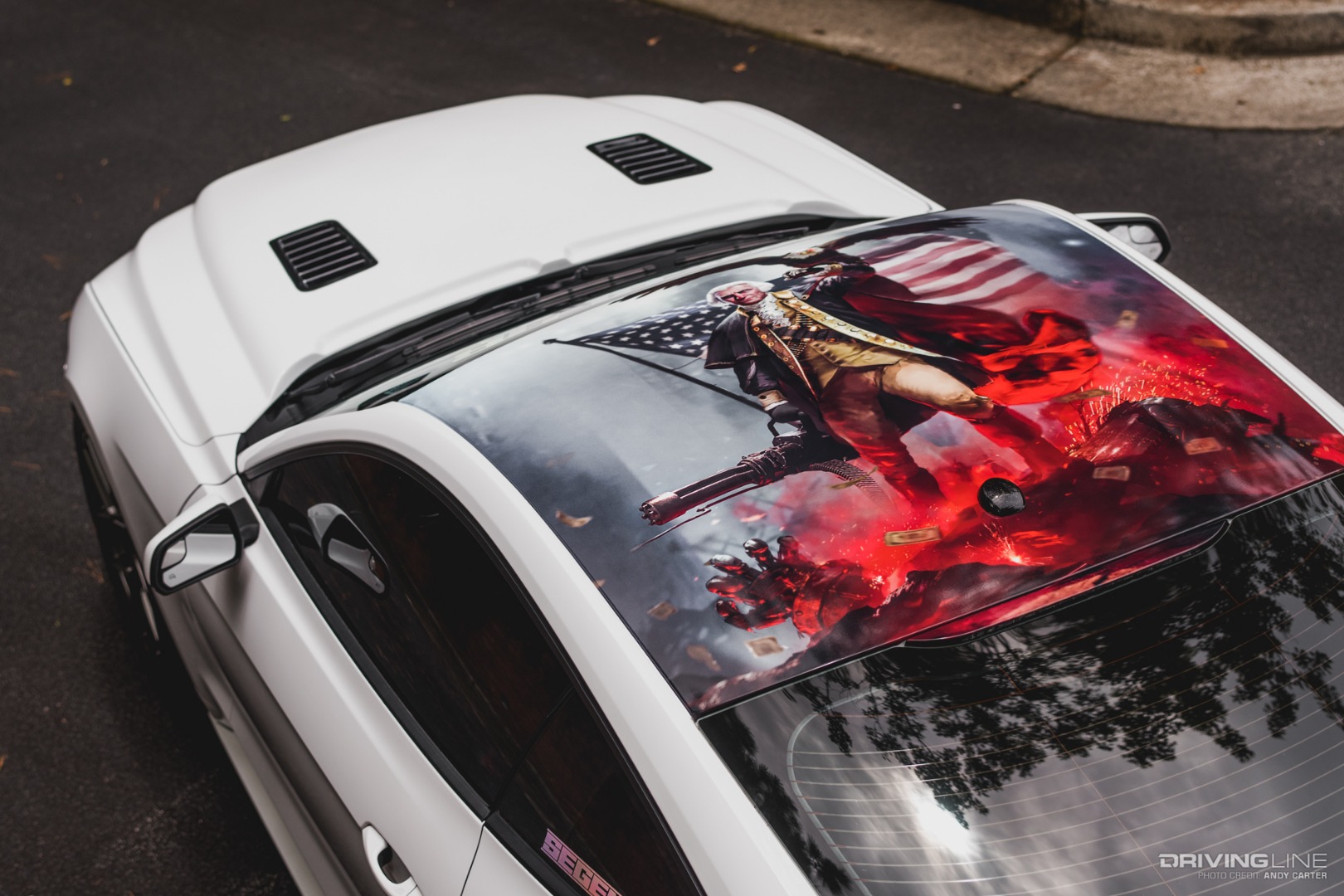 George Washington with a Gatling gun on top of a Mustang