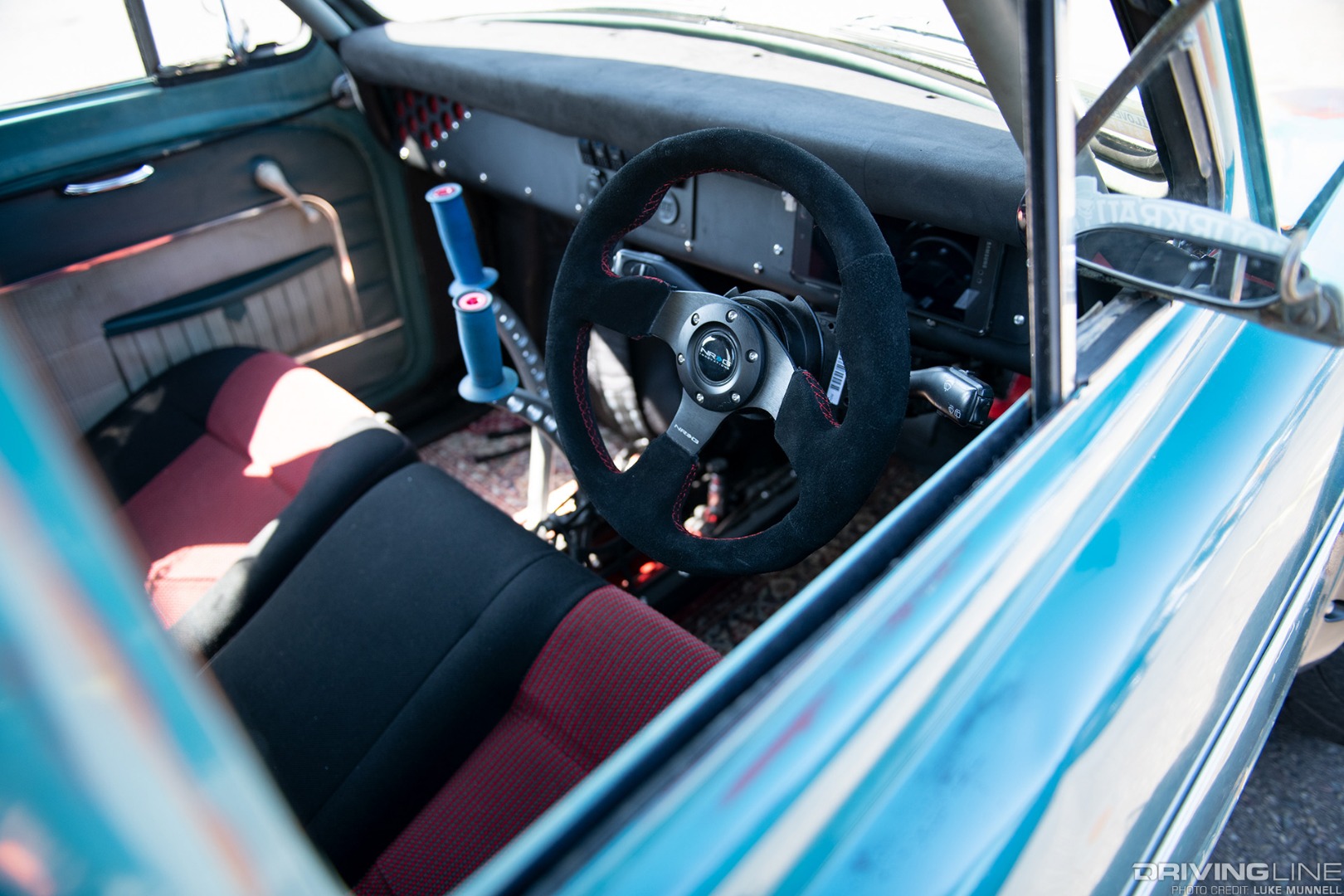 Big SoCal Euro Renault Dauphine interior steering wheel and dash