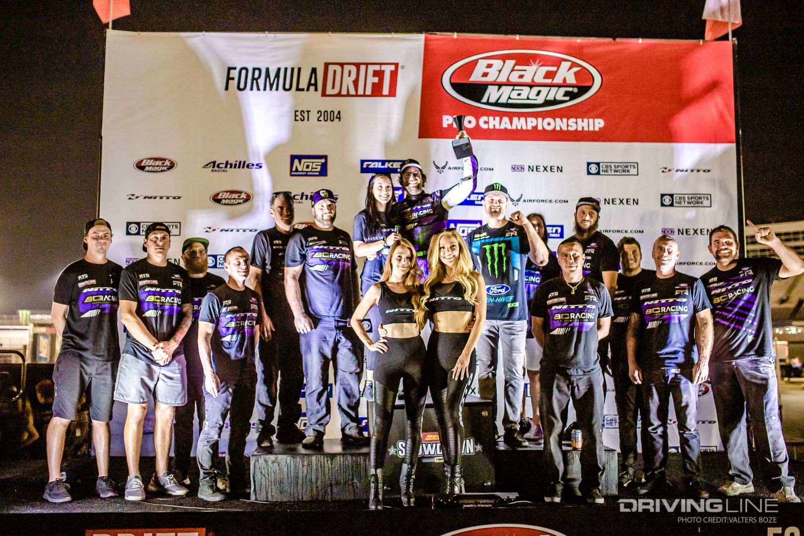 Chelsea Denofa celebrated with his Ford Mustang RTR team on the top step of the podium at FD Texas