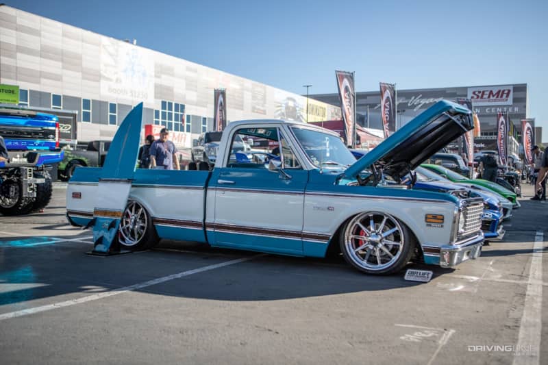 Lowered Chevy pickup on air ride suspension at SEMA
